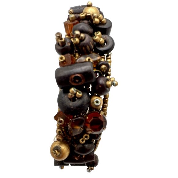 Boho Chic Multi Bead Bangle Bracelet Cuff Flex Wire Eclectic Earthy Tones Brown - Picture 2 of 9